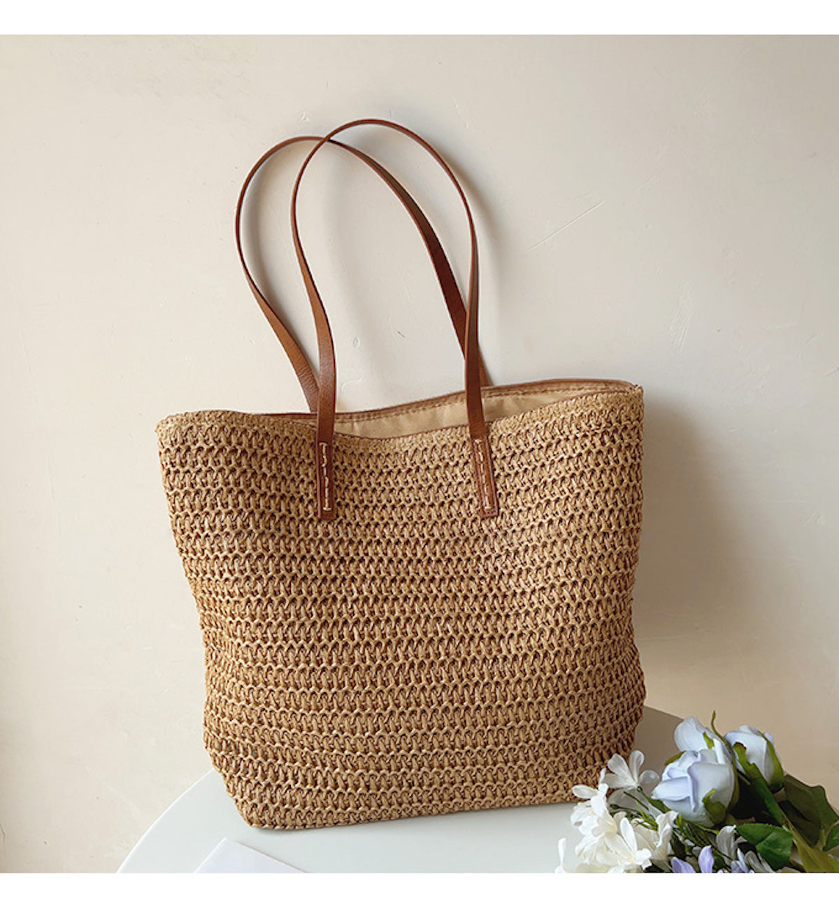 Belleza  - Stijlvolle Rieten Tas met Leren Handvatten