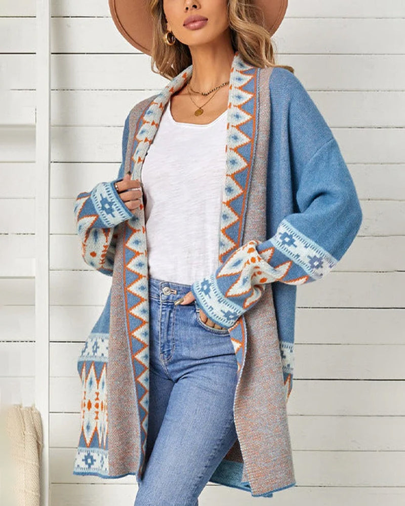 Yvalia Casual Los Lange Gebreid Dames Vest Met Print