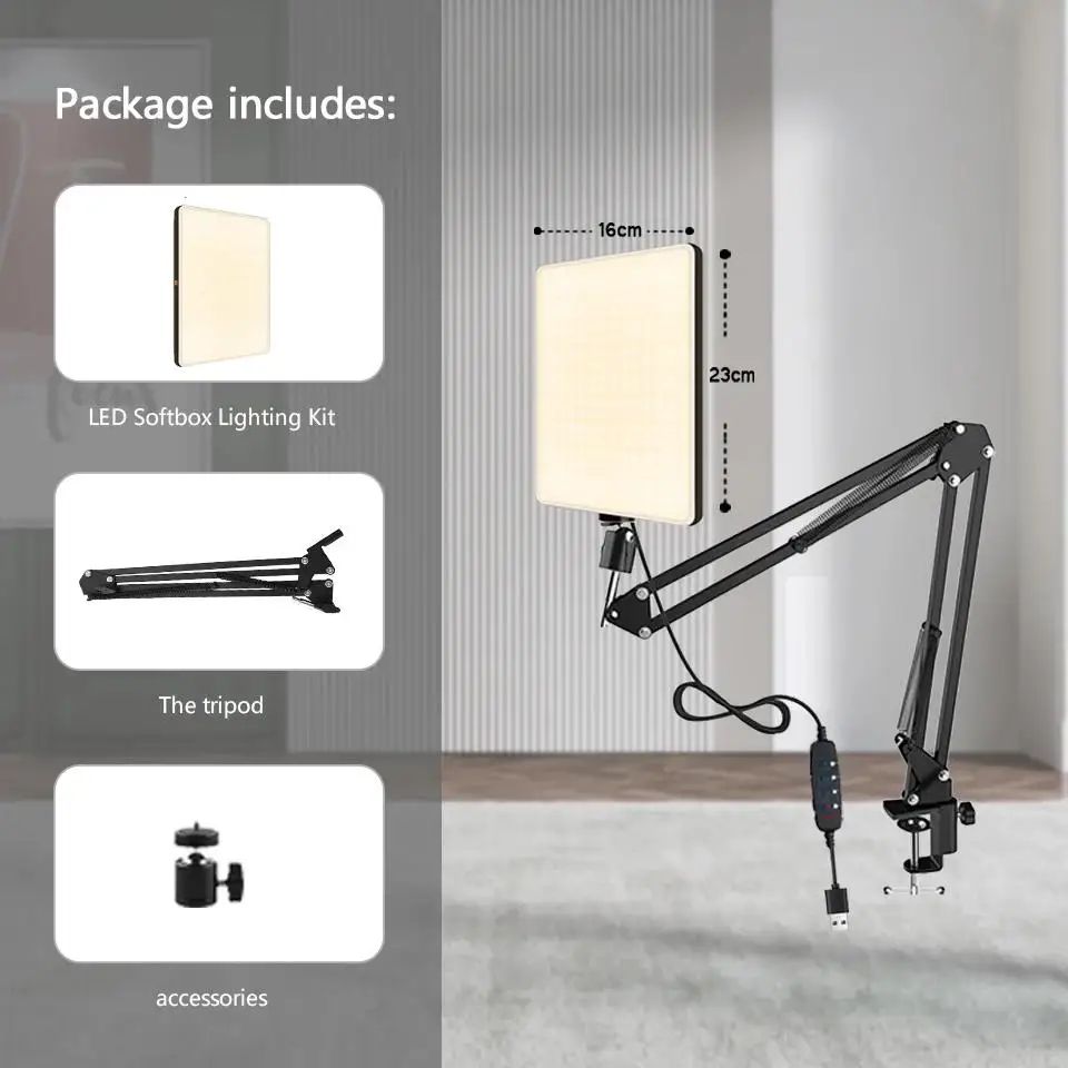 FlexiLight LED Fotografie Licht met Schaar Arm Standaard – Dimbare verlichting voor selfies, Zoom-vergaderingen en livestreaming, met instelbare helderheid en kleurtemperatuur voor professionele belichting