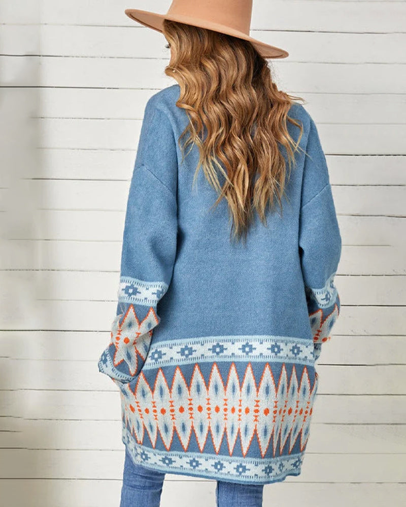 Yvalia Casual Los Lange Gebreid Dames Vest Met Print