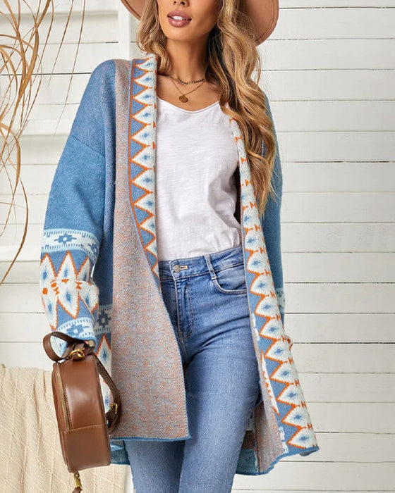 Yvalia Casual Los Lange Gebreid Dames Vest Met Print
