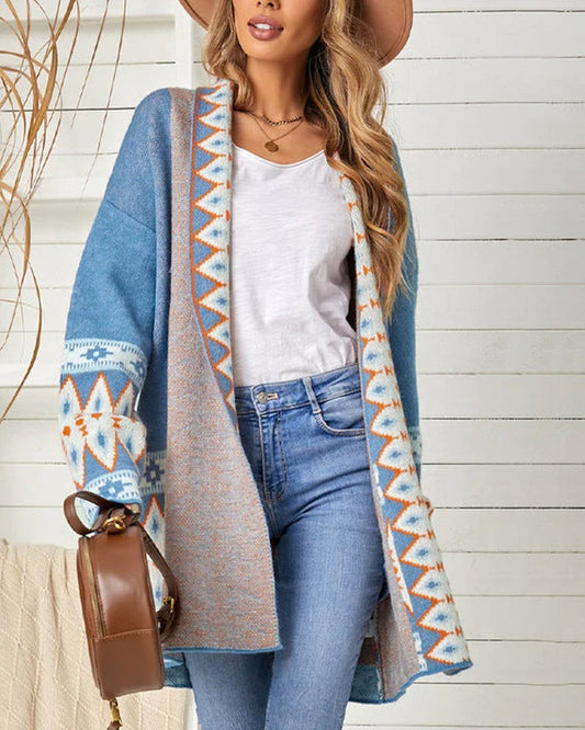Yvalia Casual Los Lange Gebreid Dames Vest Met Print