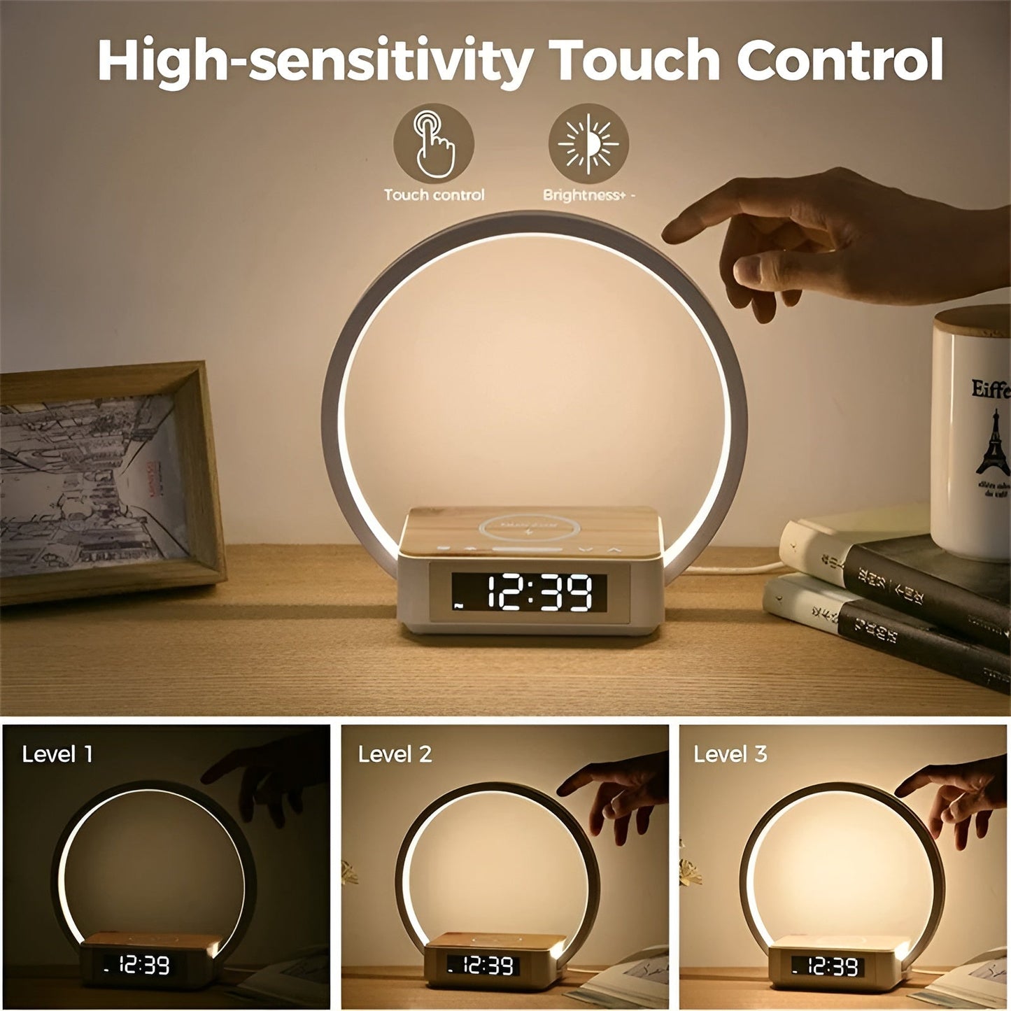 PowerWake 3-in-1 Tafellamp – Stijlvolle Verlichting, Draadloos Opladen & Slimme Wekker met Touchbediening
