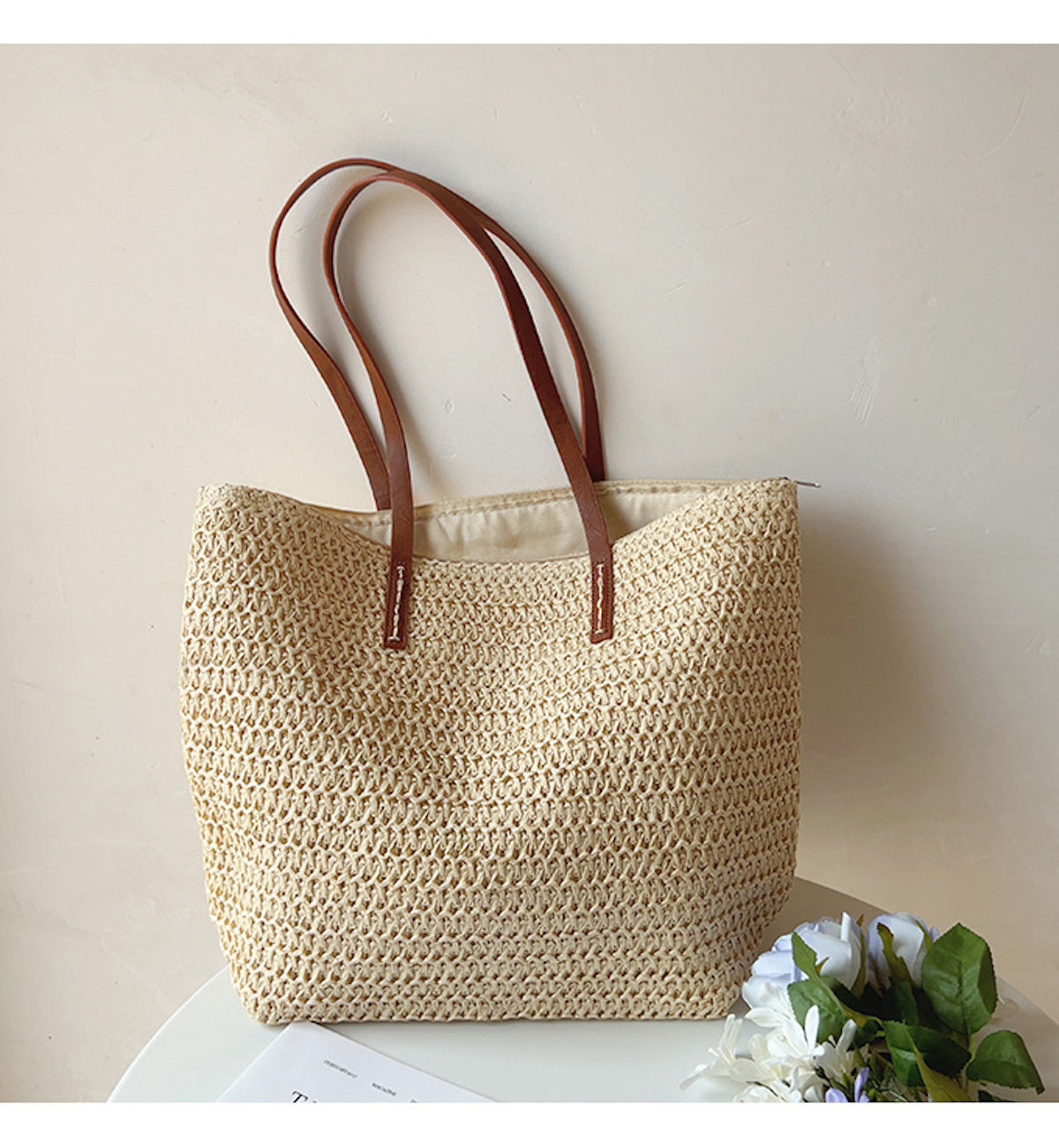 Belleza  - Stijlvolle Rieten Tas met Leren Handvatten