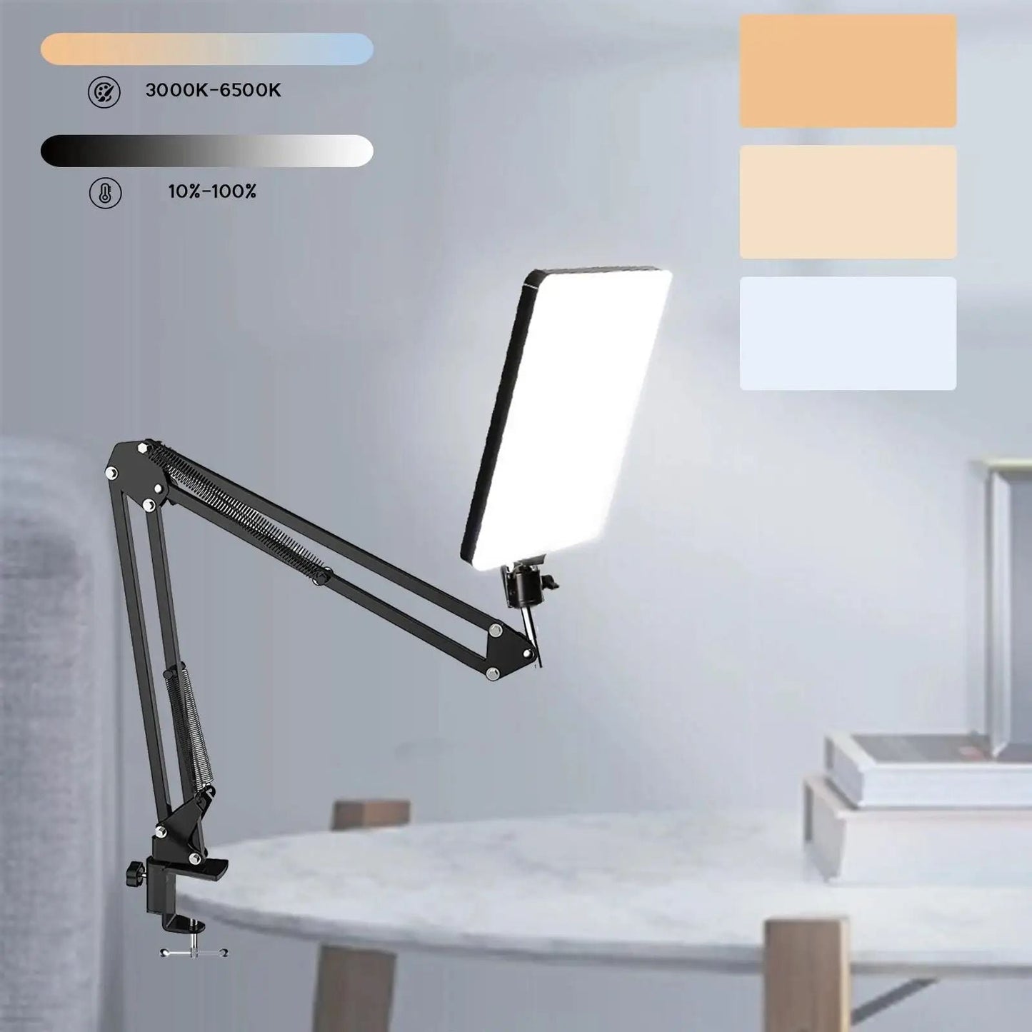 FlexiLight LED Fotografie Licht met Schaar Arm Standaard – Dimbare verlichting voor selfies, Zoom-vergaderingen en livestreaming, met instelbare helderheid en kleurtemperatuur voor professionele belichting