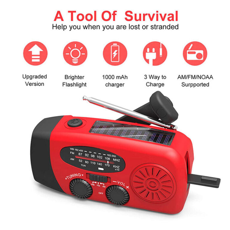 PowerPulse Zelfaangedreven Noodradio – Handopwinder, Solar, Zaklamp & Powerbank – FM/AM Radio