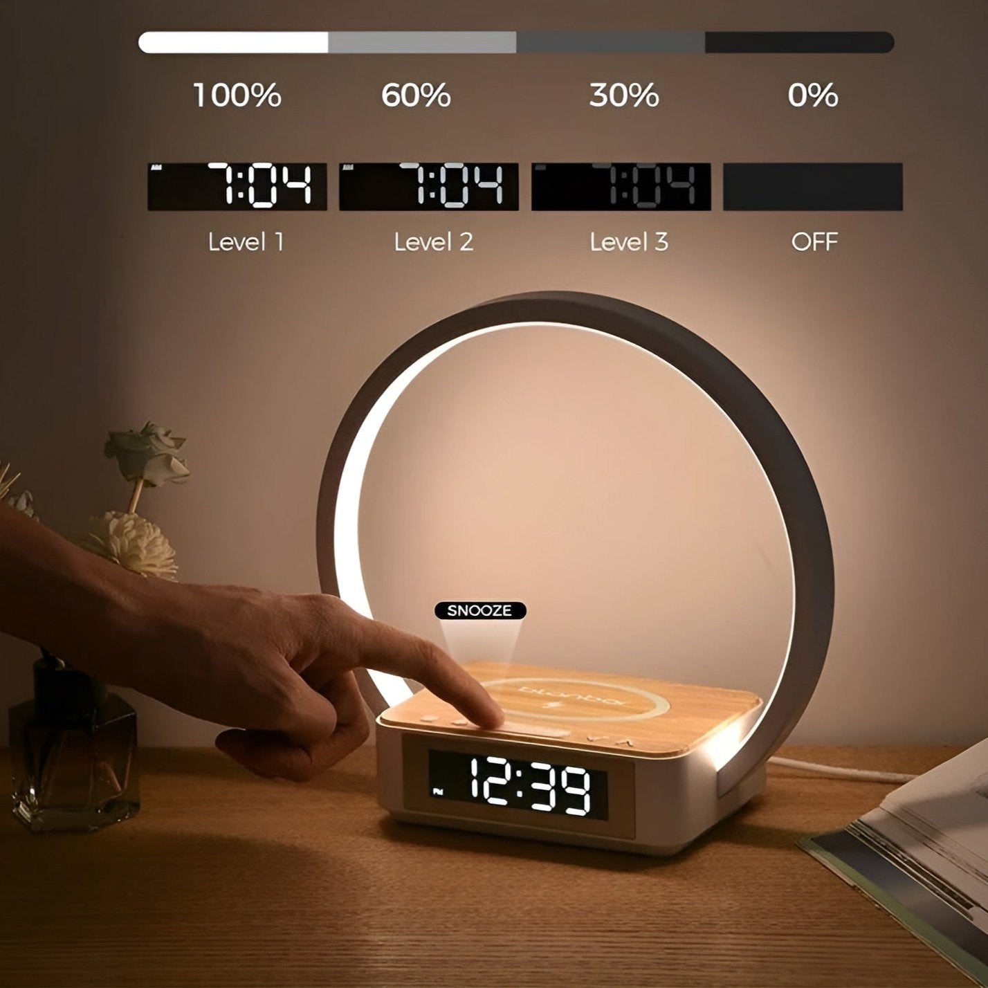 PowerWake 3-in-1 Tafellamp – Stijlvolle Verlichting, Draadloos Opladen & Slimme Wekker met Touchbediening