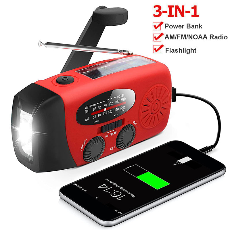 PowerPulse Zelfaangedreven Noodradio – Handopwinder, Solar, Zaklamp & Powerbank – FM/AM Radio